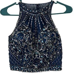Vintage Juliet Formal beaded rhinestones halter sheer crop Tank Prom party XS